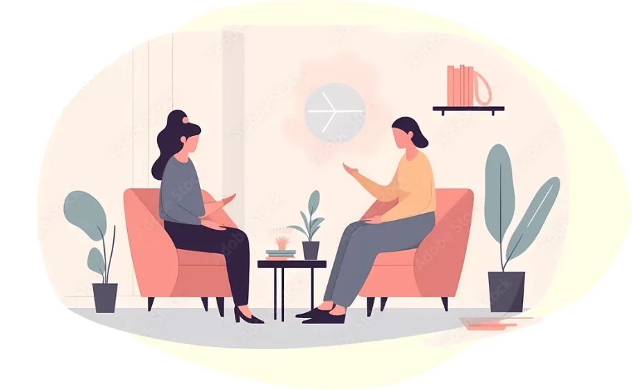 Grafik: Zwei Frauen in einem entspanntem Beratungsgespräch