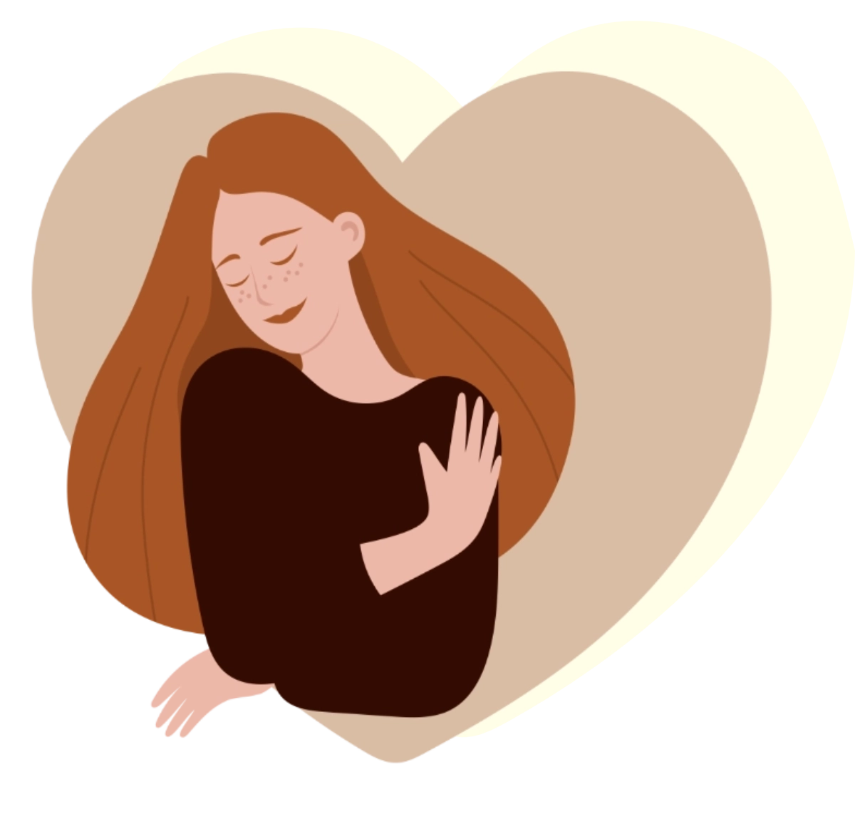 Grafik - Frau in einem Herz, die Arme um den Köper gelegt